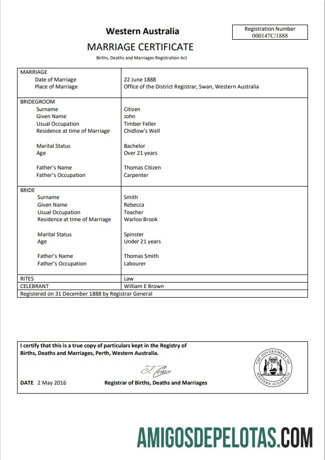 Realista modelo de certidão de casamento da Austrália Ocidental em formato Word